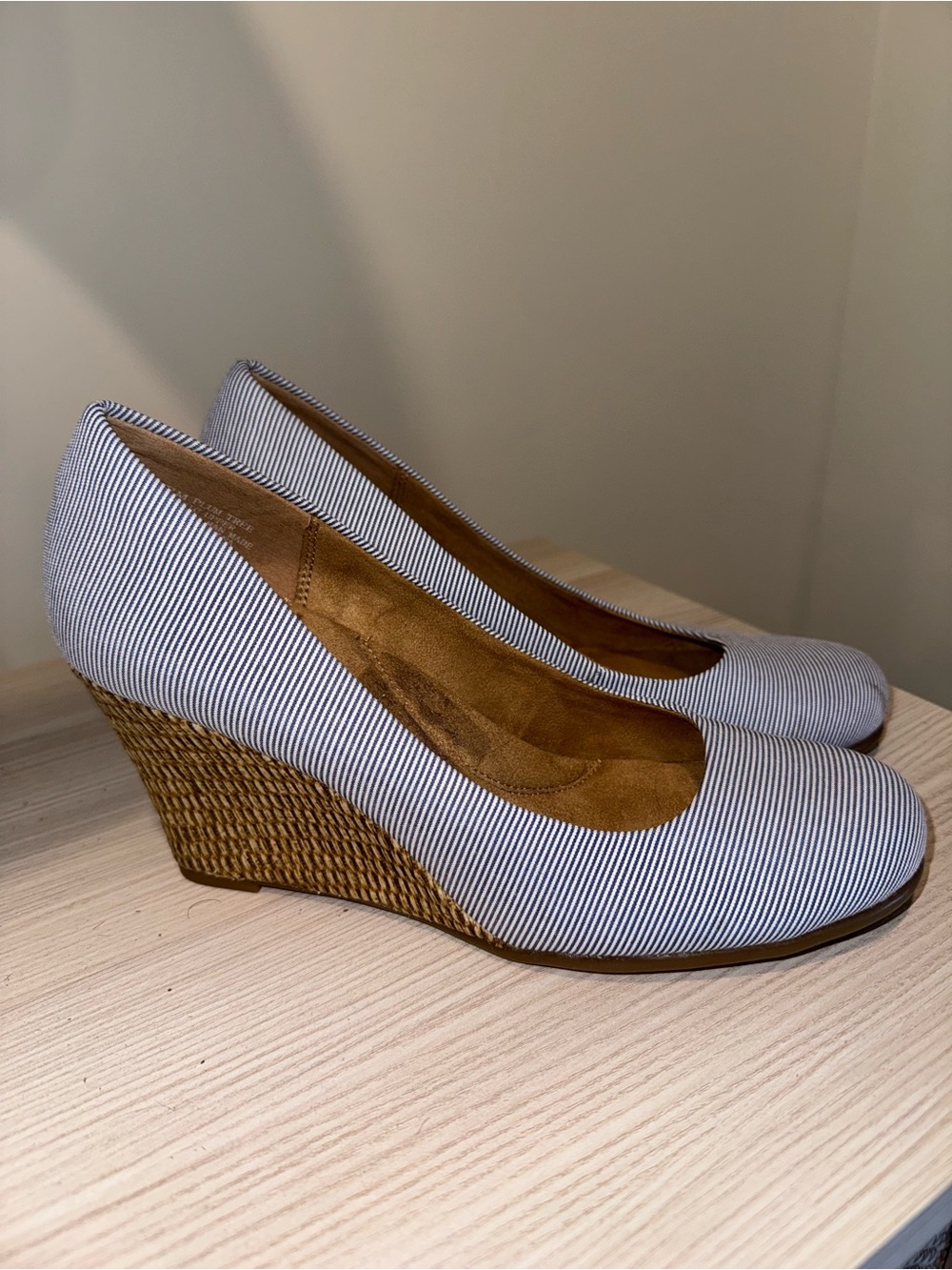 AEROSOLES Navy & White Striped Wedge Pumps